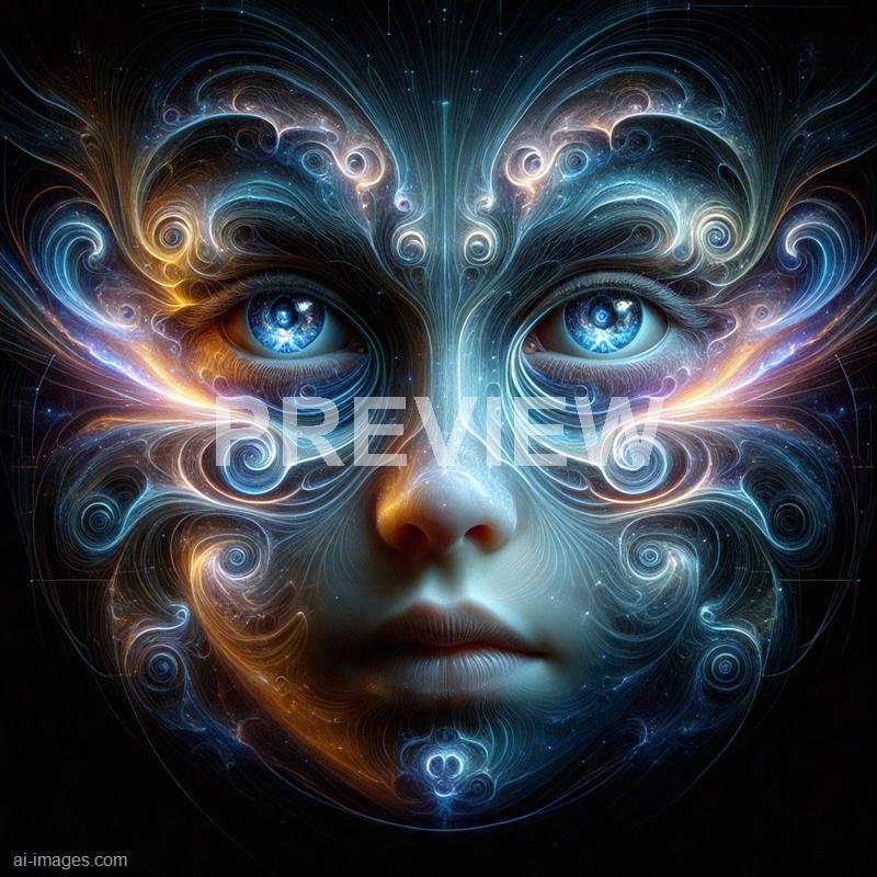 The image features a surreal and highly detailed digital artwork of a human face, with piercing blue eyes that seem to glow. The face is surrounded and intertwined with intricate, swirling patterns of light and color, predominantly in shades of blue, gold, and white, creating a cosmic or mystical aura. The overall effect gives the impression of a blend between human consciousness and celestial or energetic forces, with the patterns resembling nebulae or galactic formations.